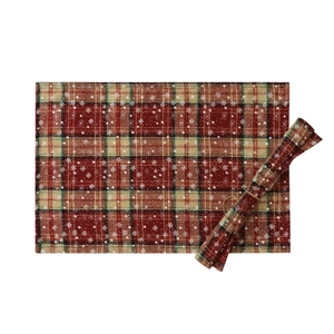Christmas plaid table mat and napkin set with snowflake print on linen fabric