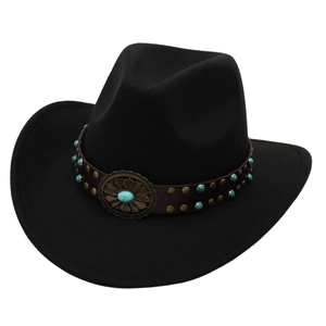 Black felt western cowboy hat with turquoise embellishments and vintage metal buckle