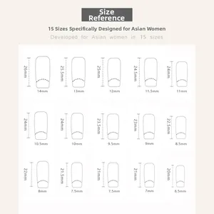 Detailed size chart showing 15 width and length dimensions for press-on nails in mm