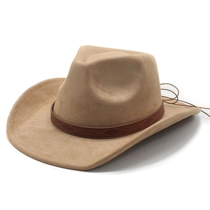 Classic camel faux suede western cowboy hat with embossed leather band and adjustable cord