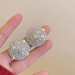 Sparkling silver-tone round stud earrings with full rhinestone pave setting for women
