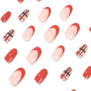 Short round red and pink Christmas press-on nails with green plaid patterns