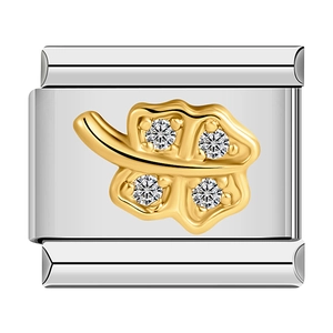 Italian modular bracelet charm in silver steel with golden four-leaf clover and crystals