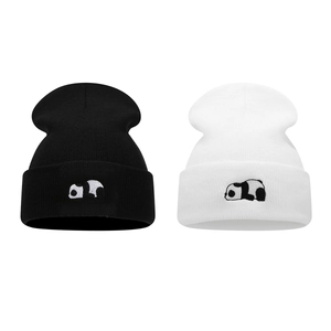 Cute Panda Embroidered Knitted Beanie Winter Warm Soft Ribbed Beanie Hat For Women Men Outdoor Skiing Cuff Cap Unisex Headwear