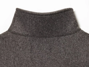 Close-up of stand collar and wool texture on dark grey bomber jacket for women