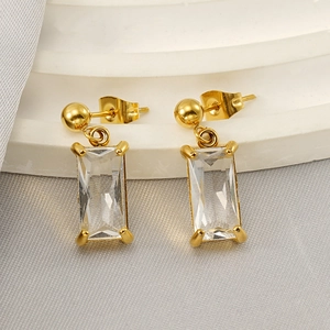 18K gold plated stainless steel stud earrings featuring elegant rectangular zircon pendants