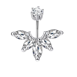 Detailed close-up of a silver belly ring featuring sparkling marquise-cut zircon stones