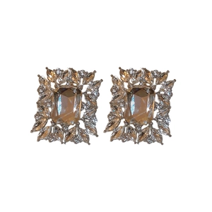 Elegant geometric square earrings with champagne gemstones and marquise crystals on silver base