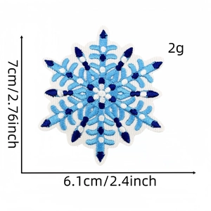 Blue and white snowflake embroidery patch with precise dimensions 7cm by 6.1cm
