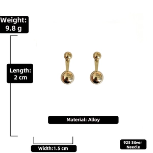 Detailed size chart for 925 silver pin gold ball earrings showing 2cm length and 1.5cm width