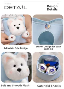 Plush light blue dog storage bag with button closure and soft white puppy toy detail