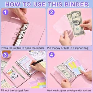 Pink PU leather A6 budget binder with 6-ring clips, zipper envelopes and budget sheets