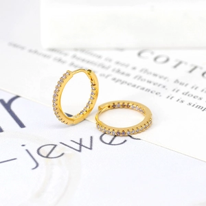 Detail of gold-plated hoop earrings featuring a row of micro-paved lavender zircon stones