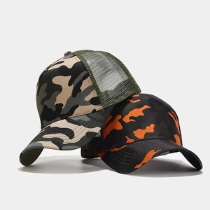 Mesh camouflage trucker hats with forest green and black-orange patterns in five-panel style