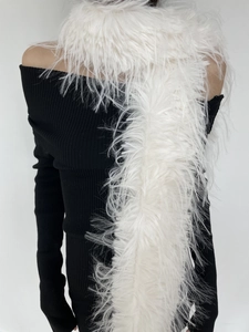Detail shot of soft white faux fur scarf on black top showing plush texture and length