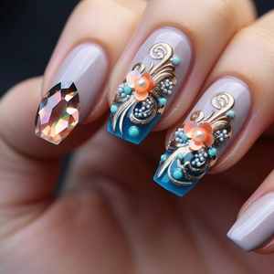 Artistic nail gems and rhinestones set featuring gray blue polish with gold floral accents