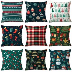 Christmas Cushion Cover Short Plush Velvet Snowman Christmas Tree Print Decorative Pillowcase Home Sofa Decor