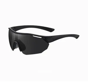 Detail view of matte black polarized cycling sunglasses with streamlined grey wrap lens