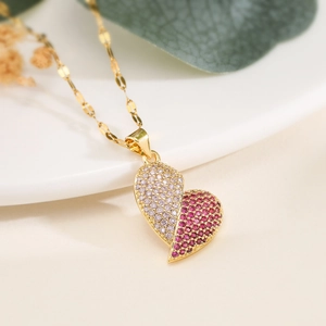 Exquisite 18K gold plated heart necklace featuring pink and rose zircon stones