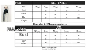 Size chart for slim mesh dress showing bust, waist and hip measurements in centimeters