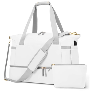 White and gray waterproof fitness bag set with USB port and adjustable shoulder strap