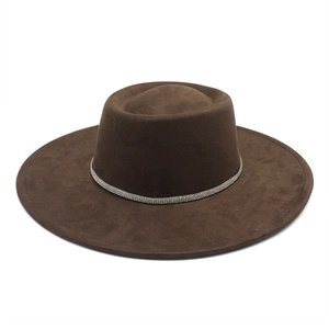 Brown faux suede flat top hat with wide brim and sparkling rhinestone band detail