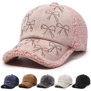 Women Winter Lamb Fleece Suede Patchwork Baseball Cap Rhinestone Bow Warm Outdoor Adjustable Fashion Snapback Hat