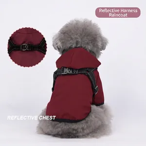 Waterproof burgundy dog raincoat with integrated reflective chest harness and D-ring