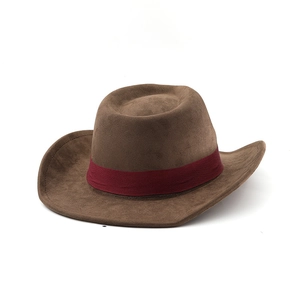 Close-up of brown western cowboy hat with detailed dark red woven feather pattern band