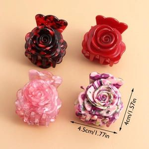 Acrylic rose flower hair claws in multiple colors and patterns with dimensions shown