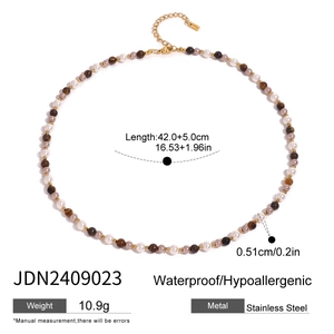 Detailed size specifications for pearl and tiger eye stainless steel beaded necklace