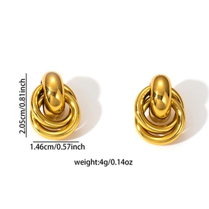 Polished gold 304 stainless steel twisted knot earrings with dimensions 2.05cm by 1.46cm