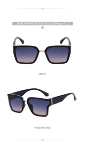 Front and side view of square black sunglasses with gradient blue-tinted lenses
