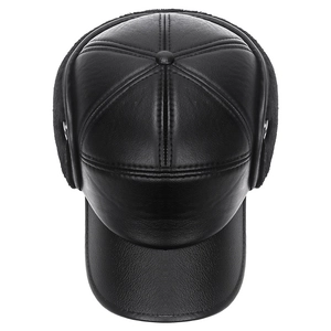 Men's black PU leather winter baseball cap with ear flaps and warm lining