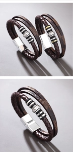 Close-up of multilayer braided leather bracelet with magnetic metal clasp and beads