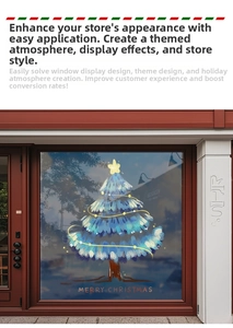 Detail of blue Christmas tree window sticker with Merry Christmas text on glass