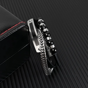 Men's multilayer black woven leather bracelet set with silver chain and magnetic clasp