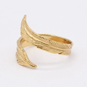 Minimalist gold feather titanium steel ring with realistic texture on white background
