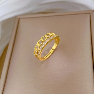 Gold double-layer chain ring with pavé crystals and an adjustable open design