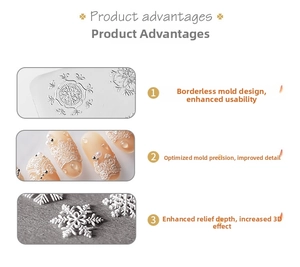 Macro detail of 5D white embossed nail stickers showing intricate snowflake and lace patterns