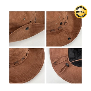 Brown suede outdoor sun hat with UPF50+ protection, windproof cord and side metal vents