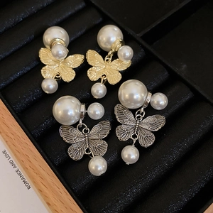 French retro butterfly faux pearl earrings in gold and silver finish with double bead design