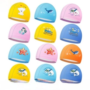 Detail of multi-color cartoon printed waterproof PU swim caps for children in twelve patterns