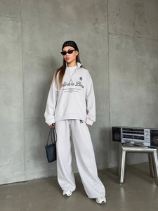 Women's vintage light grey half-zip sweatshirt and wide-leg trousers two-piece set
