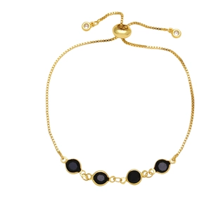 Adjustable gold box chain bracelet featuring round faceted black stones for women