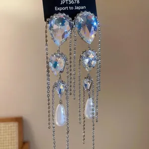 Tassel Drop Earrings With Rhinestones And Imitation Artificial Pearls Featuring Silver Earring Post Long Dangle Style For Women