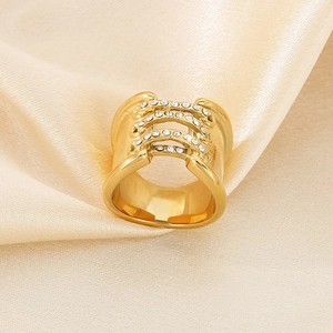 Luxury gold-plated wide band stainless steel ring with multi-row pavé zircon crystals