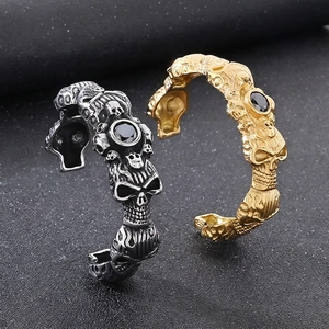 Stainless Steel Gothic Skull Open Cuff Bangle Bracelet With Black Zircon Punk Rock Jewelry For Men Exaggerated Style