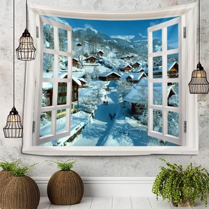 Detail of 3D window view tapestry showing snow mountain and cabin on a grey wall