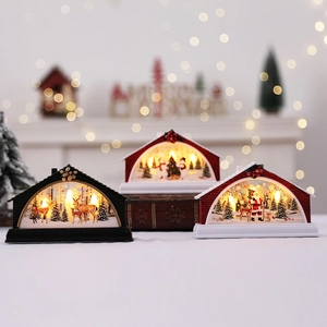 LED Christmas House Ornament Lighted Holiday Desktop Decoration Plastic Santa Reindeer Snowman Scene Warm White Glow Festive